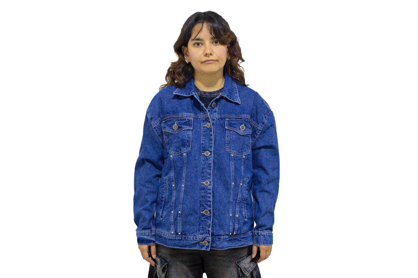 PANAM Chamarra Meztlilla Azul Mujer Estampado Rosa